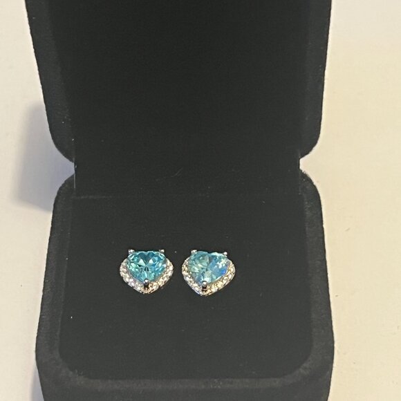 Sterling Silver Heart Shape Aquamarine CZ Earrings - Picture 2 of 2